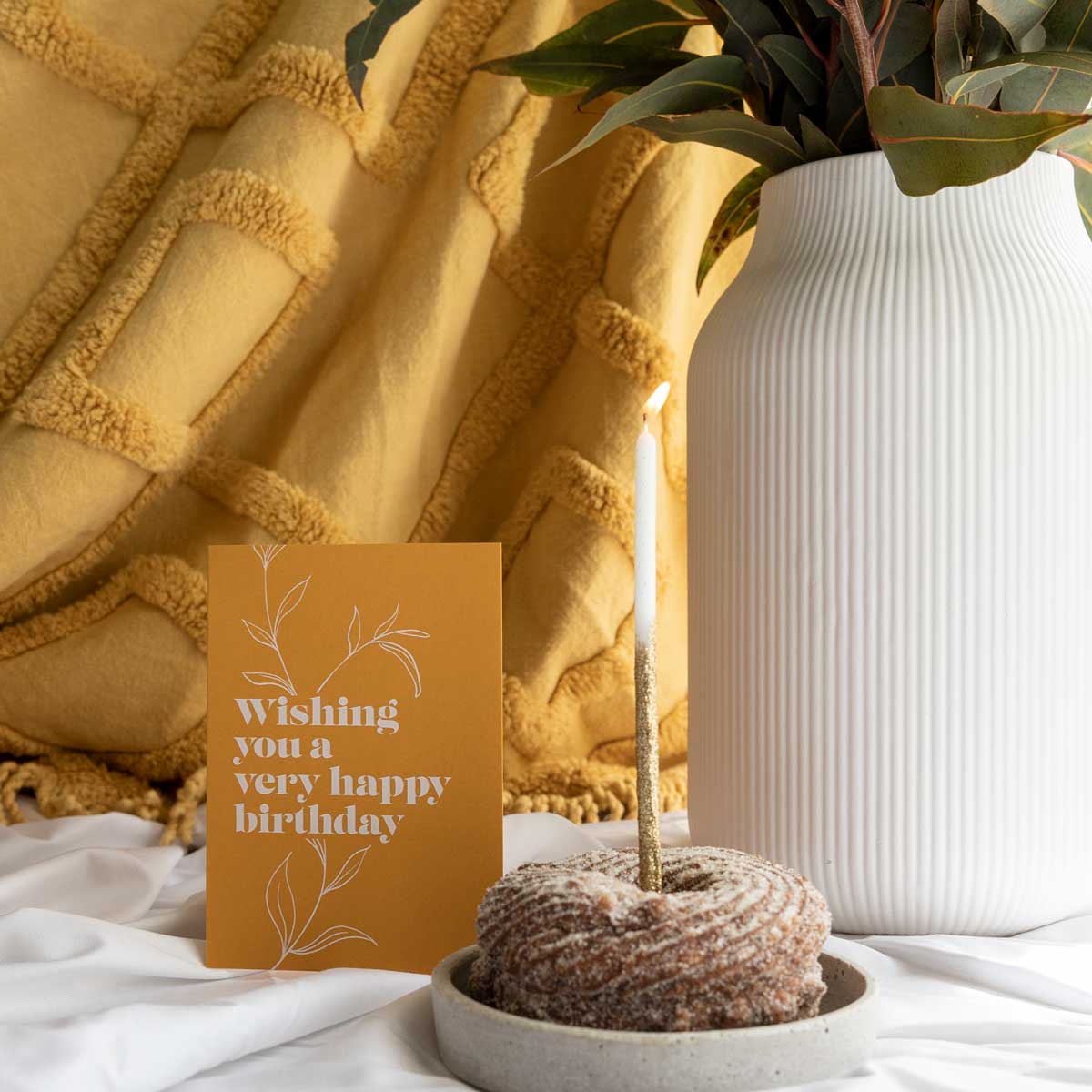 Mustard Botanical Birthday Card with vase 