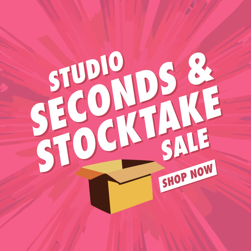 Studio seconds & stocktake sale text with pink background and open shipping carton illustration