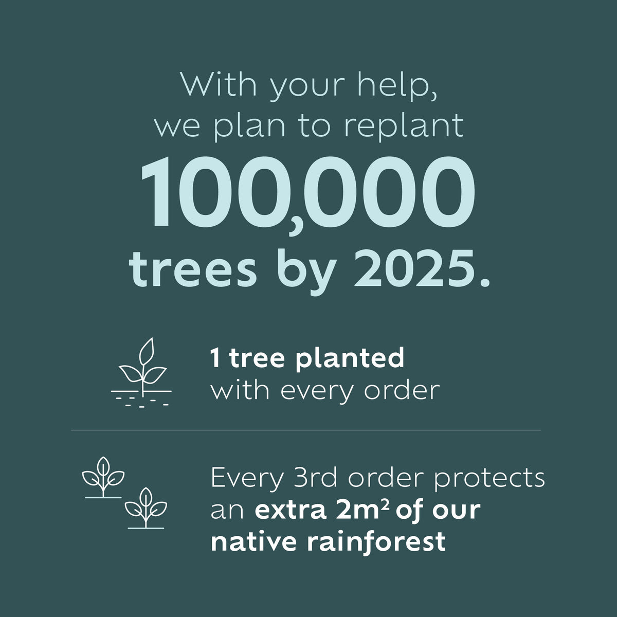 With your help, we plan to replant 100,000 trees by 2025. 1 tree planted with every order and every 3rd order protects an extra 2m2 of our native rainforest.